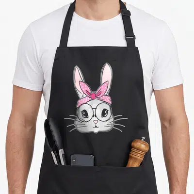Messy easter bunny aprons - Cartoon grey rabbit head wearing pink polka-dot bow and round grey glasses — shown on a black cotton canvas apron against a white background