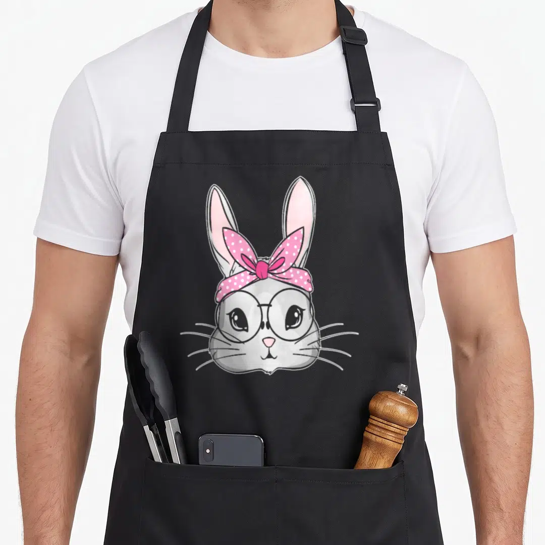 Messy easter bunny aprons - Cartoon grey rabbit head wearing pink polka-dot bow and round grey glasses — shown on a black cotton canvas apron against a white background