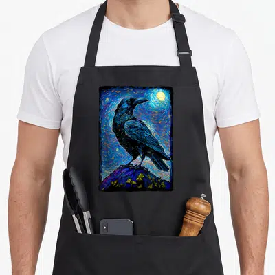 Raven van gogh apron - Realistic raven on rock with yellow leaves under swirling blue starry night sky — shown on a black cotton canvas apron against a white background