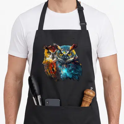 Owl animal bird apron - Two watercolor owls facing forward in blue orange yellow and teal — shown on a black cotton canvas apron against a white background