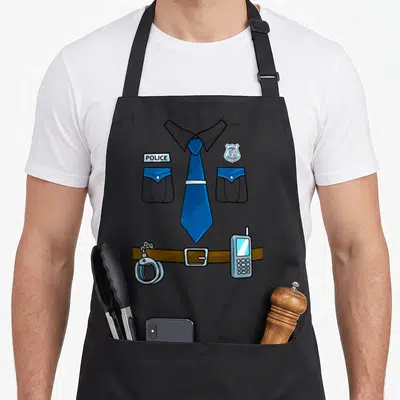 Costume police apron - Cartoon police uniform print with blue tie, badge, belt, handcuffs, radio, and pockets — shown on a black cotton canvas apron against a white background