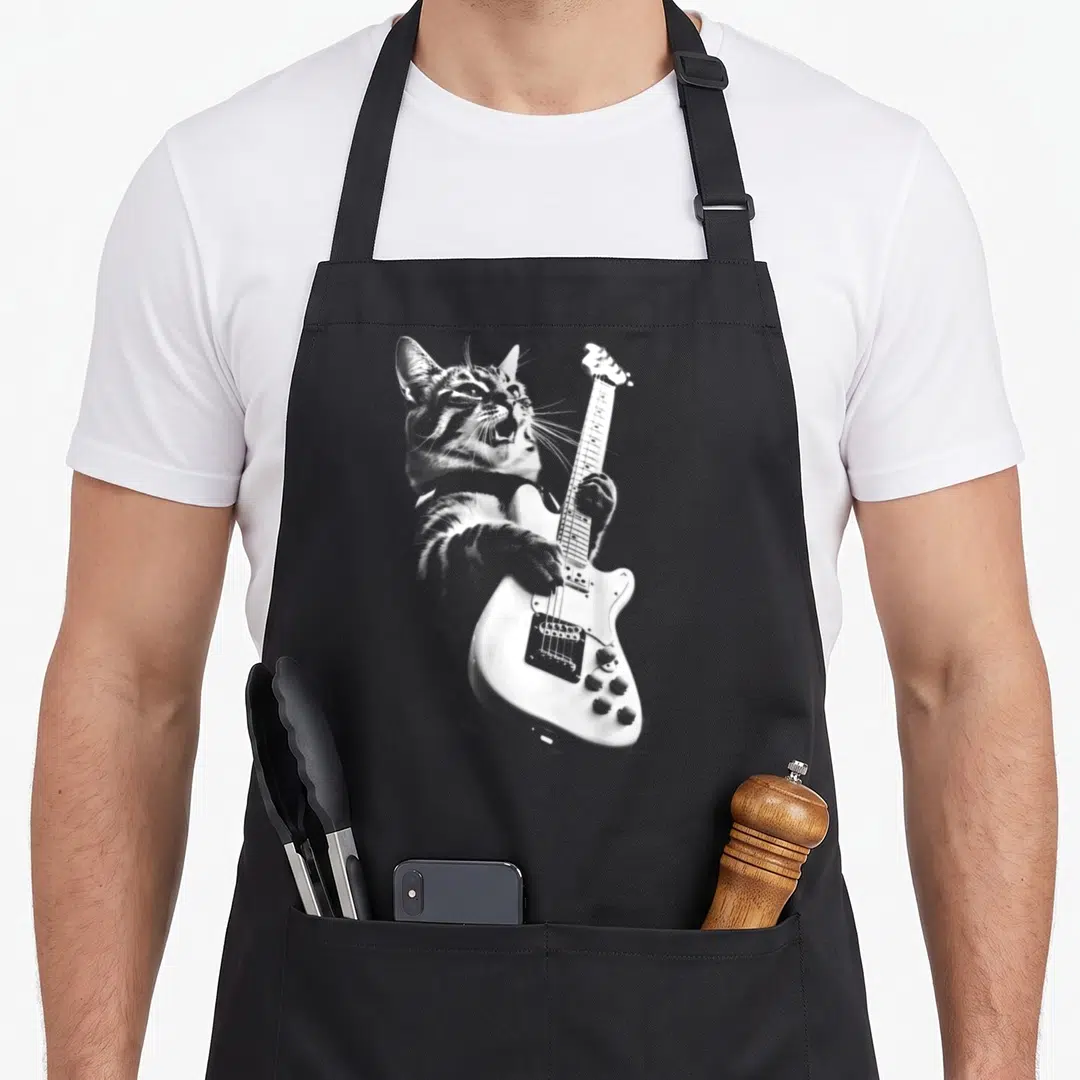 Rock cute cat apron - White cat playing electric guitar diagonally in photo style — shown on a black cotton canvas apron against a white background