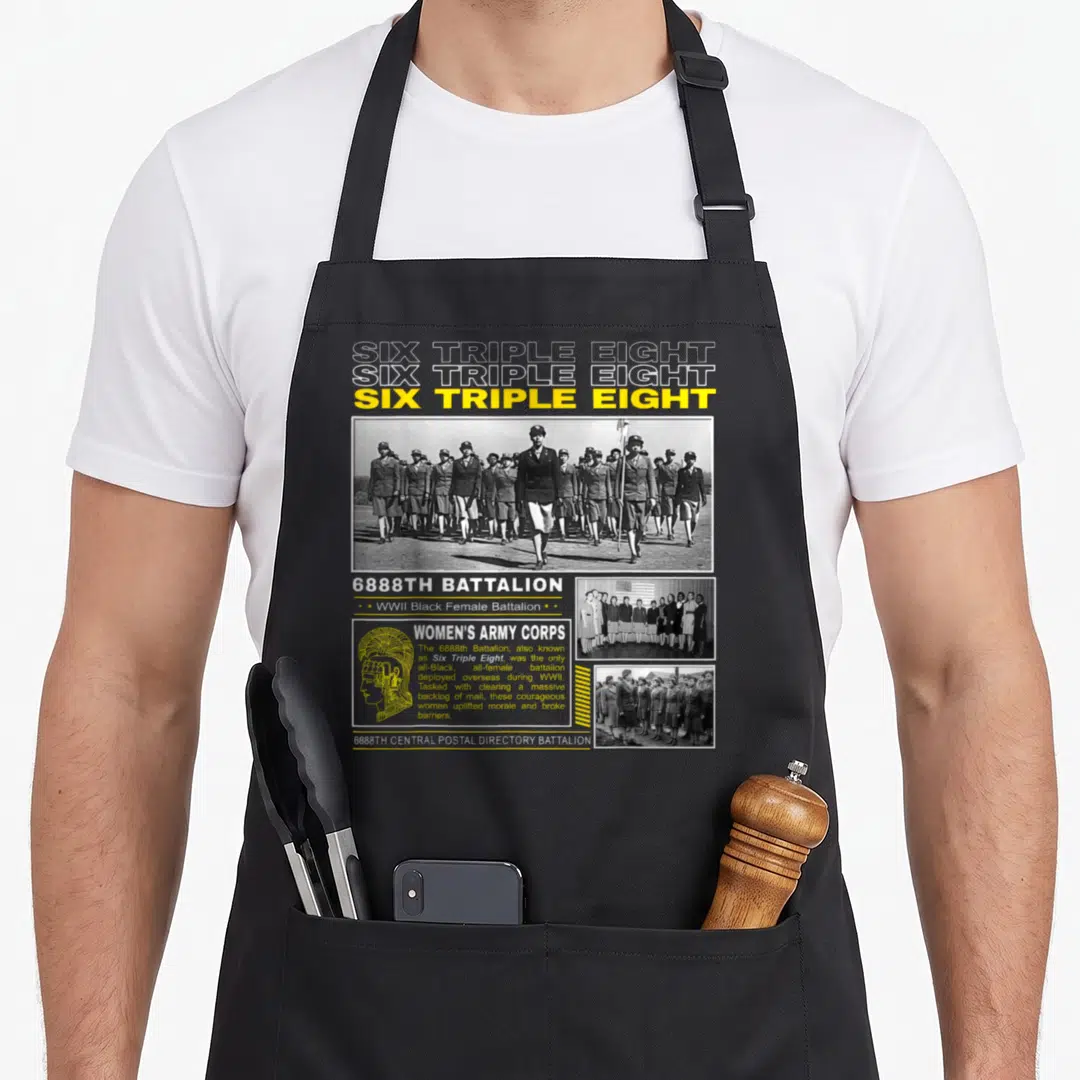 Heroe recognition apron - Collage of 6888th Battalion photos, yellow SIX TRIPLE EIGHT text, and Women's Army Corps — shown on a black cotton canvas apron against a white background