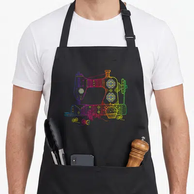 Sewing colorful aprons - Rainbow line-art sewing machine with three thread spools in blue green yellow orange red purple — shown on a black cotton canvas apron against a white background