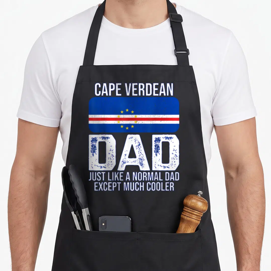 Cape father day apron - Cape Verde flag and dad text in distressed blue white red yellow — shown on a black cotton canvas apron against a white background