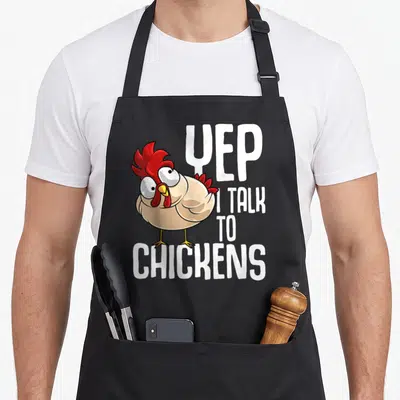 Talk chicken apron - Cartoon chicken illustration with YEP I TALK TO CHICKENS text in white beige and red — shown on a black cotton canvas apron against a white background