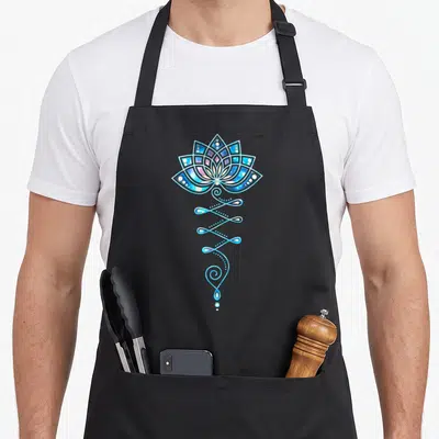 Lotus summer mode apron - Stylized blue and white lotus flower with unalome swirl and dots in line art style — shown on a black cotton canvas apron against a white background