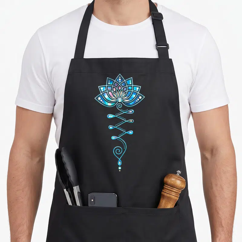 Lotus summer mode apron - Stylized blue and white lotus flower with unalome swirl and dots in line art style — shown on a black cotton canvas apron against a white background