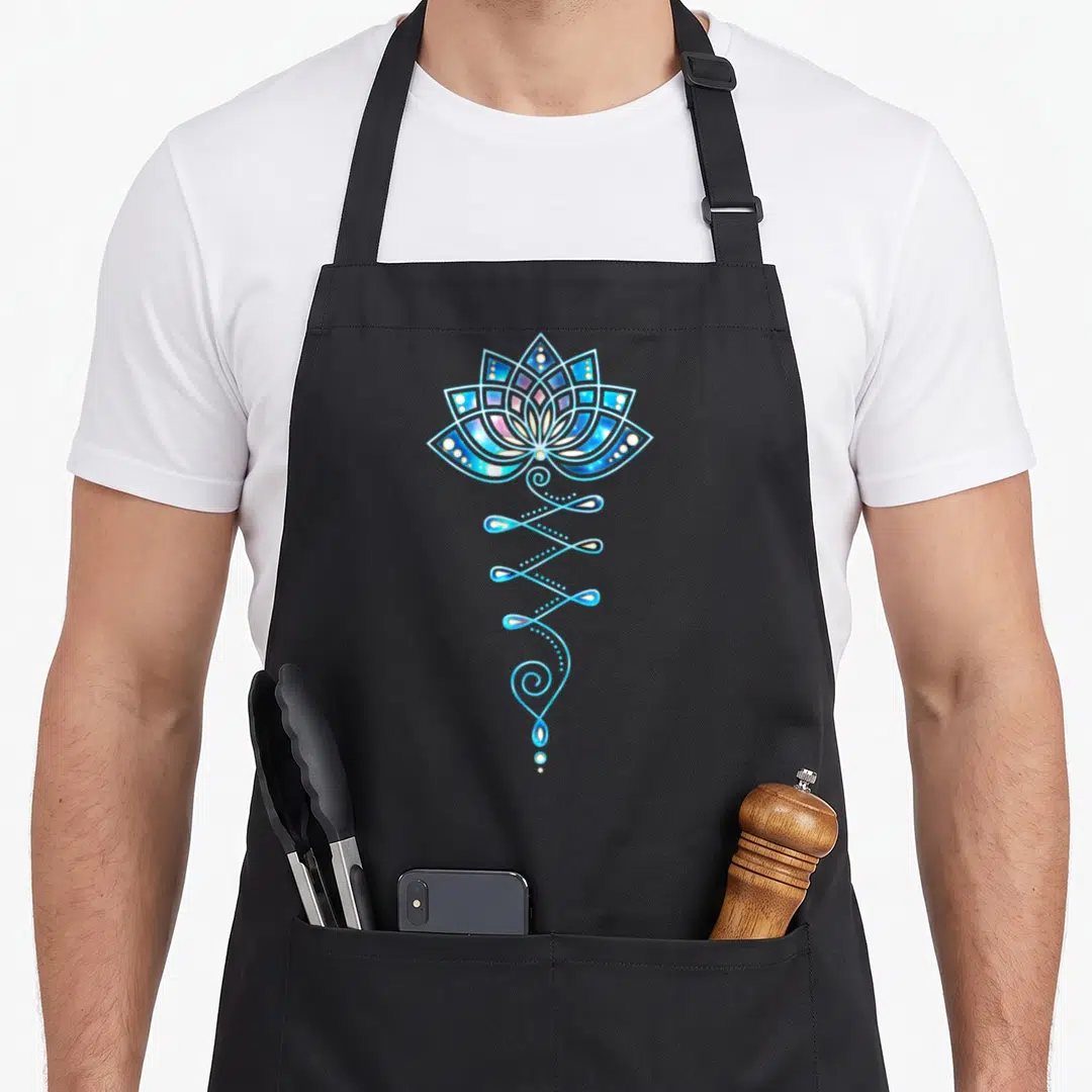 Lotus summer mode apron - Stylized blue and white lotus flower with unalome swirl and dots in line art style — shown on a black cotton canvas apron against a white background