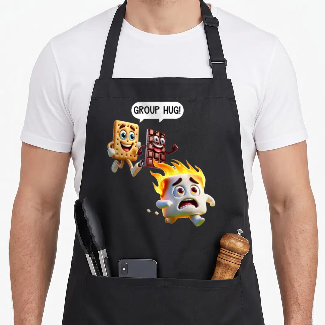 Roasting camping apron - Graham cracker and chocolate chasing flaming marshmallow with group hug text — shown on a black cotton canvas apron against a white background