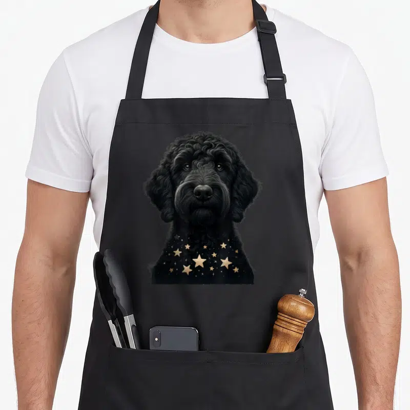 Retro labradoodle dog apron - Realistic black dog portrait with scattered gold stars across the lower chest area — shown on a black cotton canvas apron against a white background