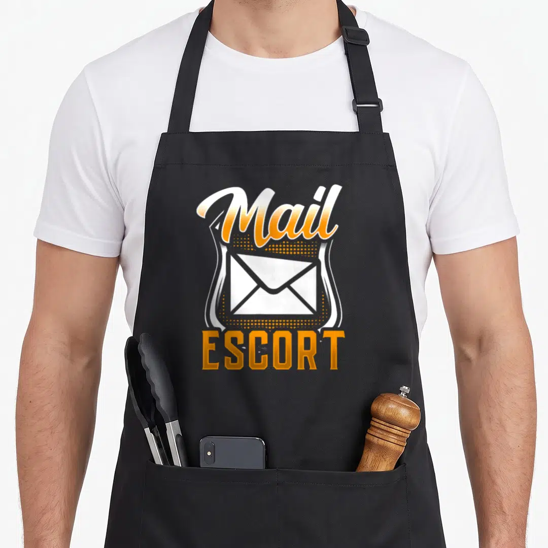 Escort postman postal aprons - Orange and white Mail ESCORT text with centered envelope graphic — shown on a black cotton canvas apron against a white background