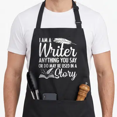 Writer story of the apron - White distressed text reading I am a writer anything you say may be used in a story — shown on a black cotton canvas apron against a white background