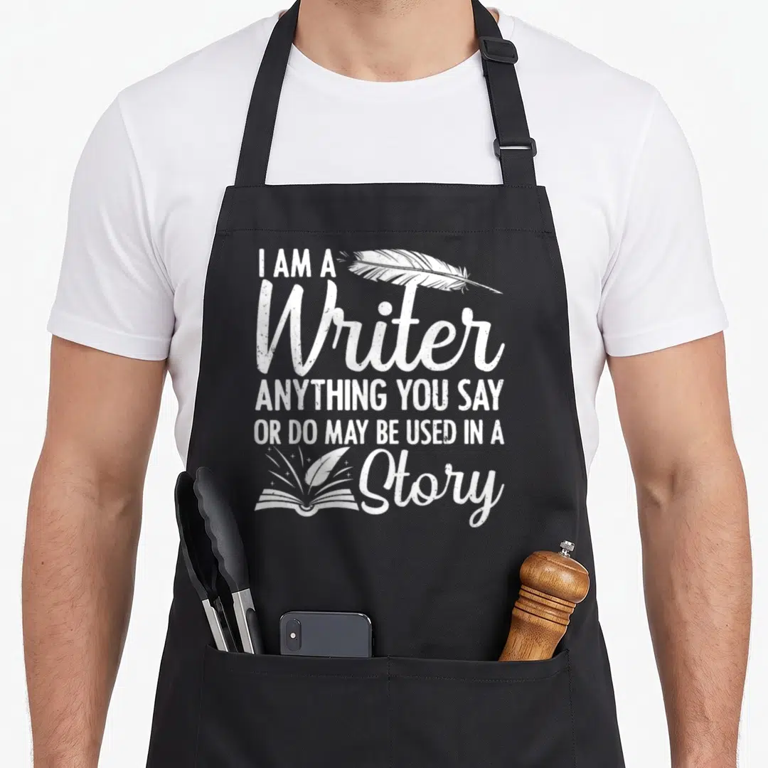 Writer story of the apron - White distressed text reading I am a writer anything you say may be used in a story — shown on a black cotton canvas apron against a white background