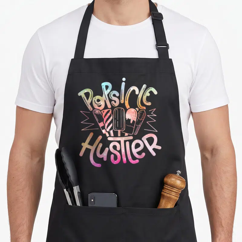 Popsicle ice cream apron - Five cartoon popsicles with galaxy glitter fill and Popsicle Hustler text in rainbow colors — shown on a black cotton canvas apron against a white background