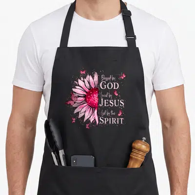 God sunflower apron - Pink watercolor sunflower with butterflies and stacked Christian faith text — shown on a black cotton canvas apron against a white background