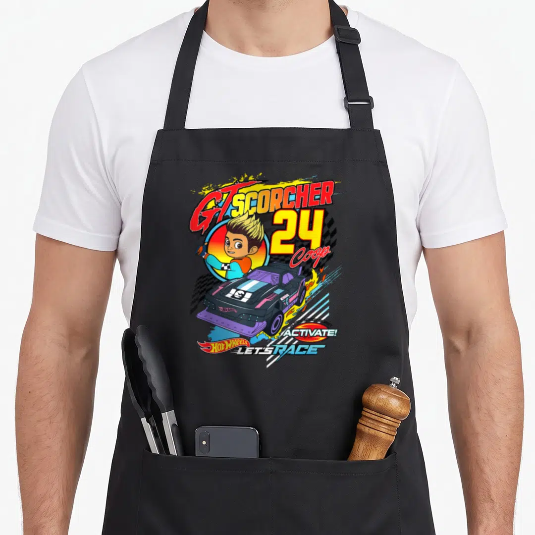 Scorcher race car apron - GT Scorcher 24 Coop race car cartoon with checkered flag and activate text — shown on a black cotton canvas apron against a white background