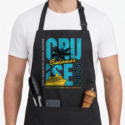 Cruise bahamas apron - Retro cruise ship and palm tree with 2025 text in blue and yellow — shown on a black cotton canvas apron against a white background