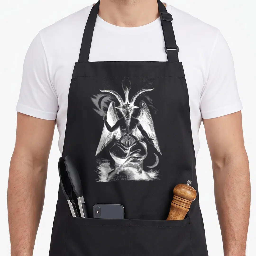 Sigil goat apron - White line art of Baphomet with flame, moon, and CLIPHAS LEVI DEL text on black fabric — shown on a black cotton canvas apron against a white background