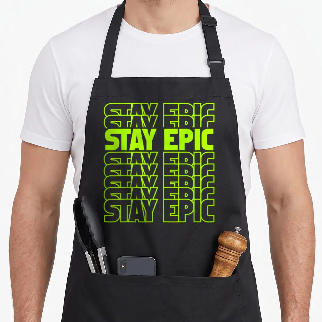Stay lime green apron - STAY EPIC repeated eight times in lime green outlined and solid typography stack — shown on a black cotton canvas apron against a white background