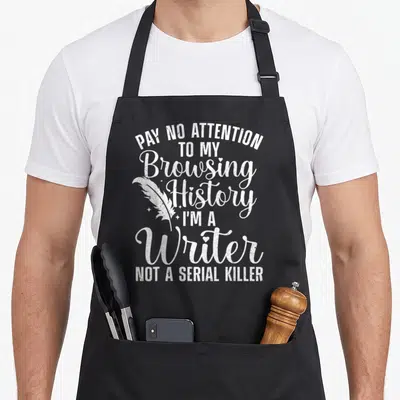Author journalist apron - White stacked text reading Pay No Attention To My Browsing History I Am A Writer Not A Serial — shown on a black cotton canvas apron against a white background