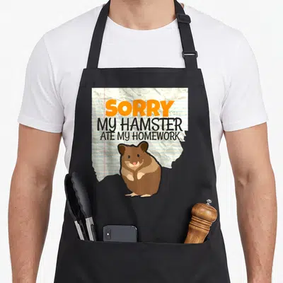 Sorry teacher apron - Cartoon brown hamster on torn lined paper with orange and black text — shown on a black cotton canvas apron against a white background