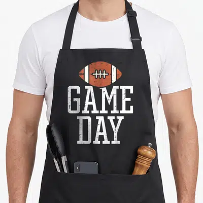 Game football team aprons - Distressed orange football graphic above white stacked GAME DAY lettering — shown on a black cotton canvas apron against a white background