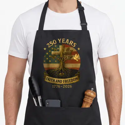 Flag tree apron - Cross tree with dove over flag reading 250 years faith and freedom 1776-2026 — shown on a black cotton canvas apron against a white background