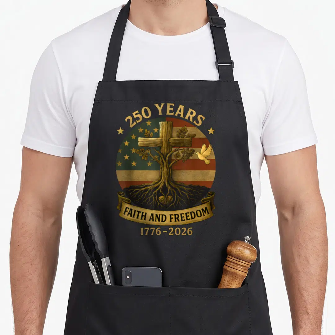 Flag tree apron - Cross tree with dove over flag reading 250 years faith and freedom 1776-2026 — shown on a black cotton canvas apron against a white background