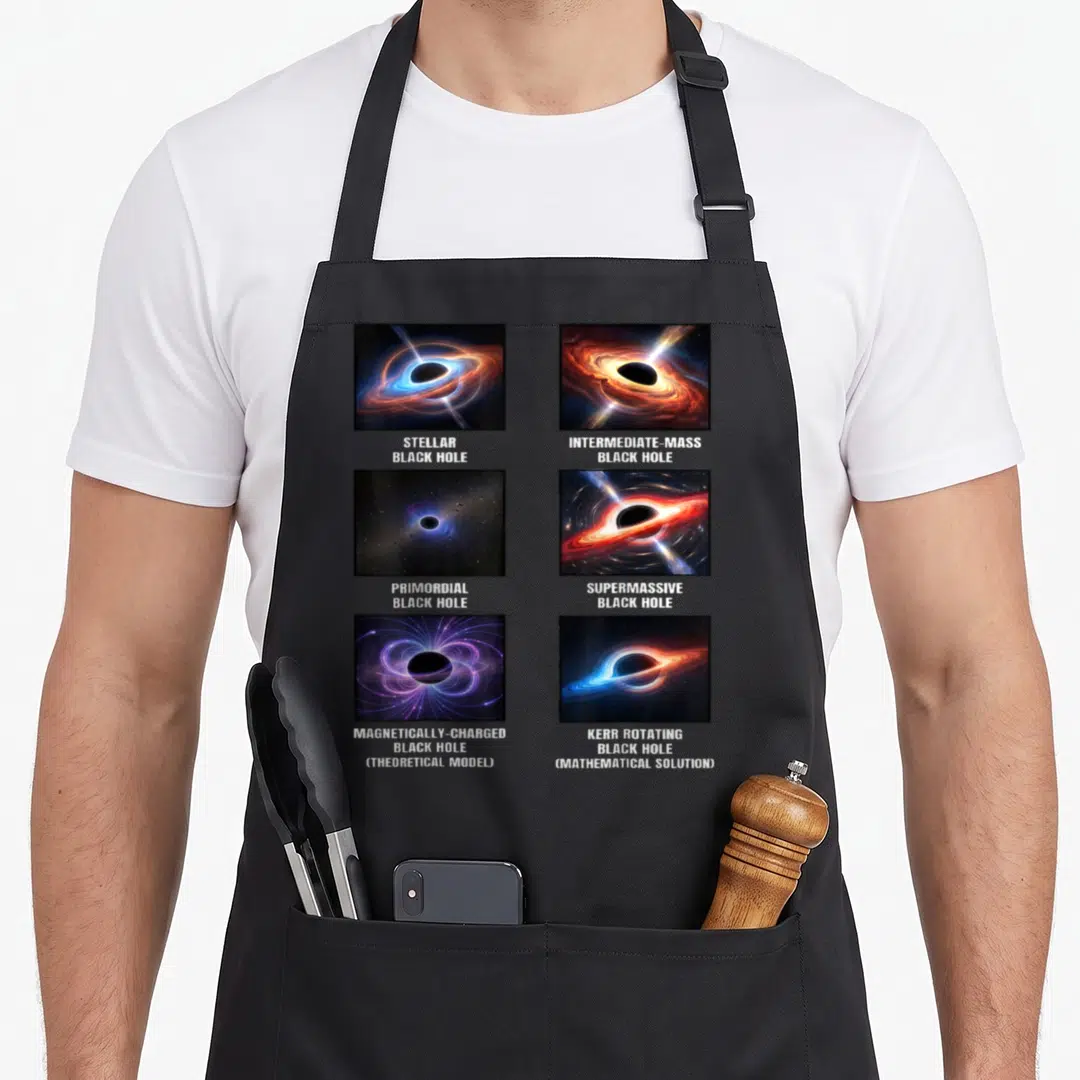Astronomy black hole apron - Six labeled black hole photos in a grid with white text on dark backgrounds — shown on a black cotton canvas apron against a white background