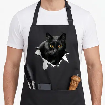 Torn cat apron - Black cat with yellow eyes tearing through white paper photo print — shown on a black cotton canvas apron against a white background