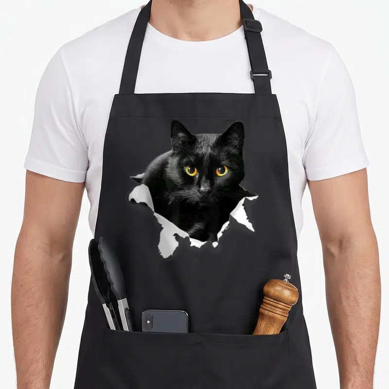 Torn cat apron - Black cat with yellow eyes tearing through white paper photo print — shown on a black cotton canvas apron against a white background