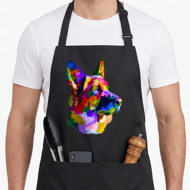Pop dog mom apron - Colorful German Shepherd head in pop art style using blue, red, yellow, green, and purple — shown on a black cotton canvas apron against a white background