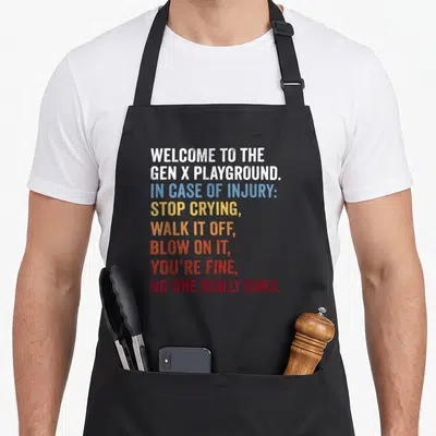 Welcome 1980s apron - Stacked colorful text reading Welcome to the Gen X Playground and injury advice — shown on a black cotton canvas apron against a white background