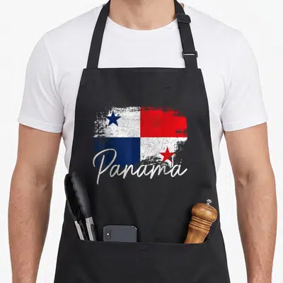 Panama african apron - Distressed Panama flag print with white script text over red blue and white quadrants — shown on a black cotton canvas apron against a white background