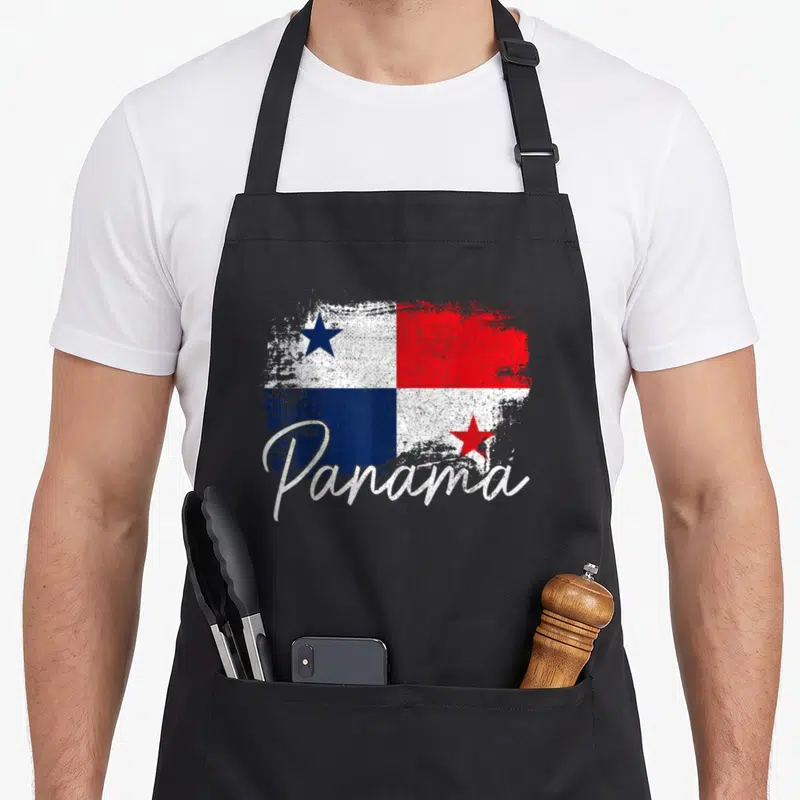 Panama african apron - Distressed Panama flag print with white script text over red blue and white quadrants — shown on a black cotton canvas apron against a white background