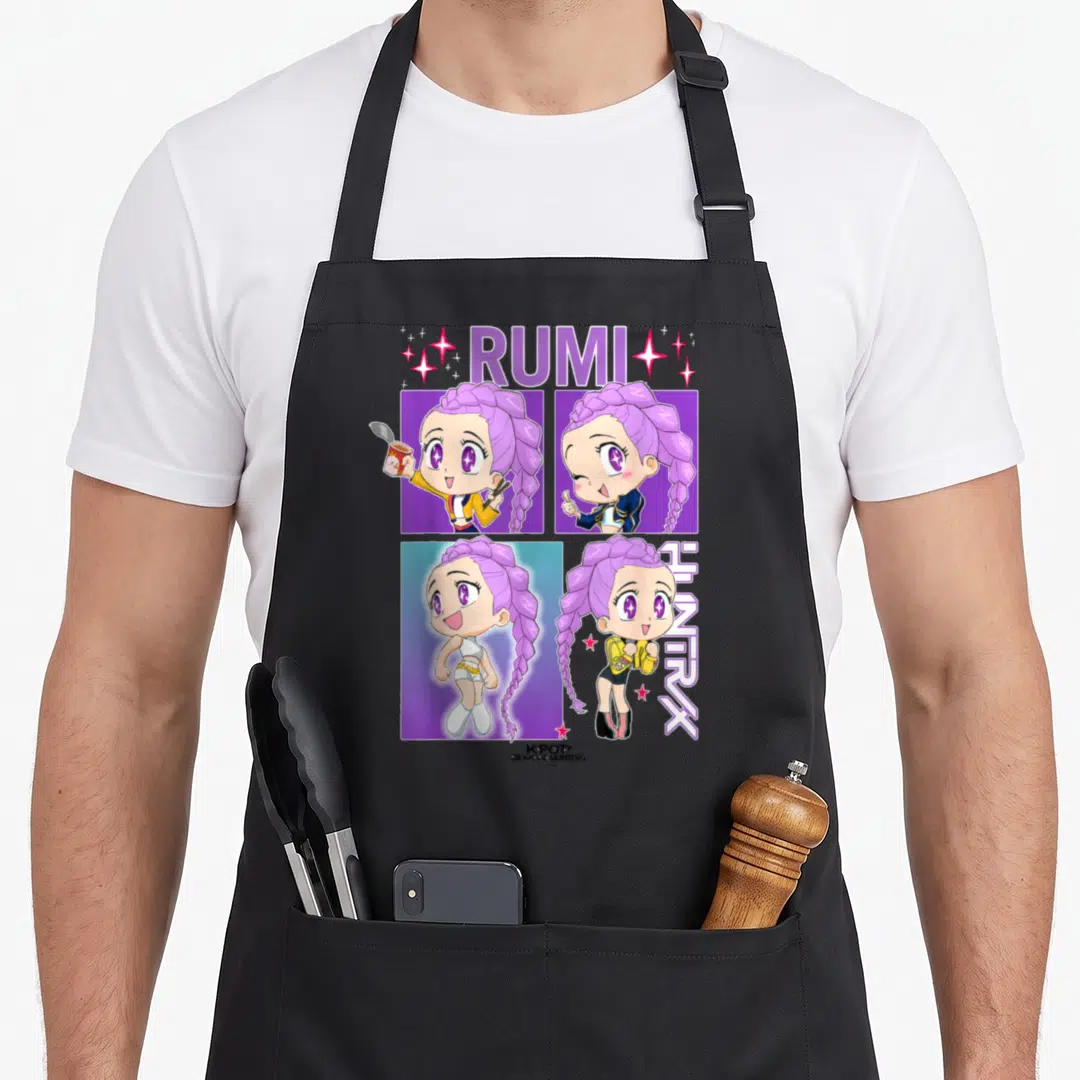 Rumi trend apron - Anime girl in 2x2 grid with RUMI text and vertical HUNTRX logo in purple and pink — shown on a black cotton canvas apron against a white background
