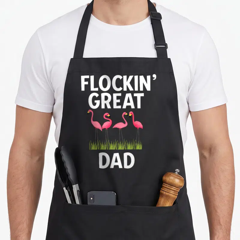 Flockin father day apron - FLOCKIN GREAT DAD text above four pink flamingos standing in green grass — shown on a black cotton canvas apron against a white background