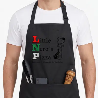 Alone pizza apron - Little Nero's Pizza logo with red green white letters and violin column drawing — shown on a black cotton canvas apron against a white background