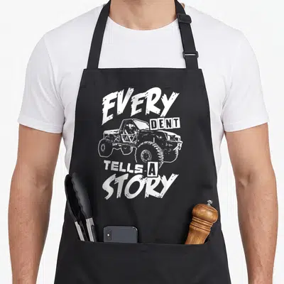 Rock crawler girl apron - Distressed white off-road vehicle with arched text every dent tells a story — shown on a black cotton canvas apron against a white background