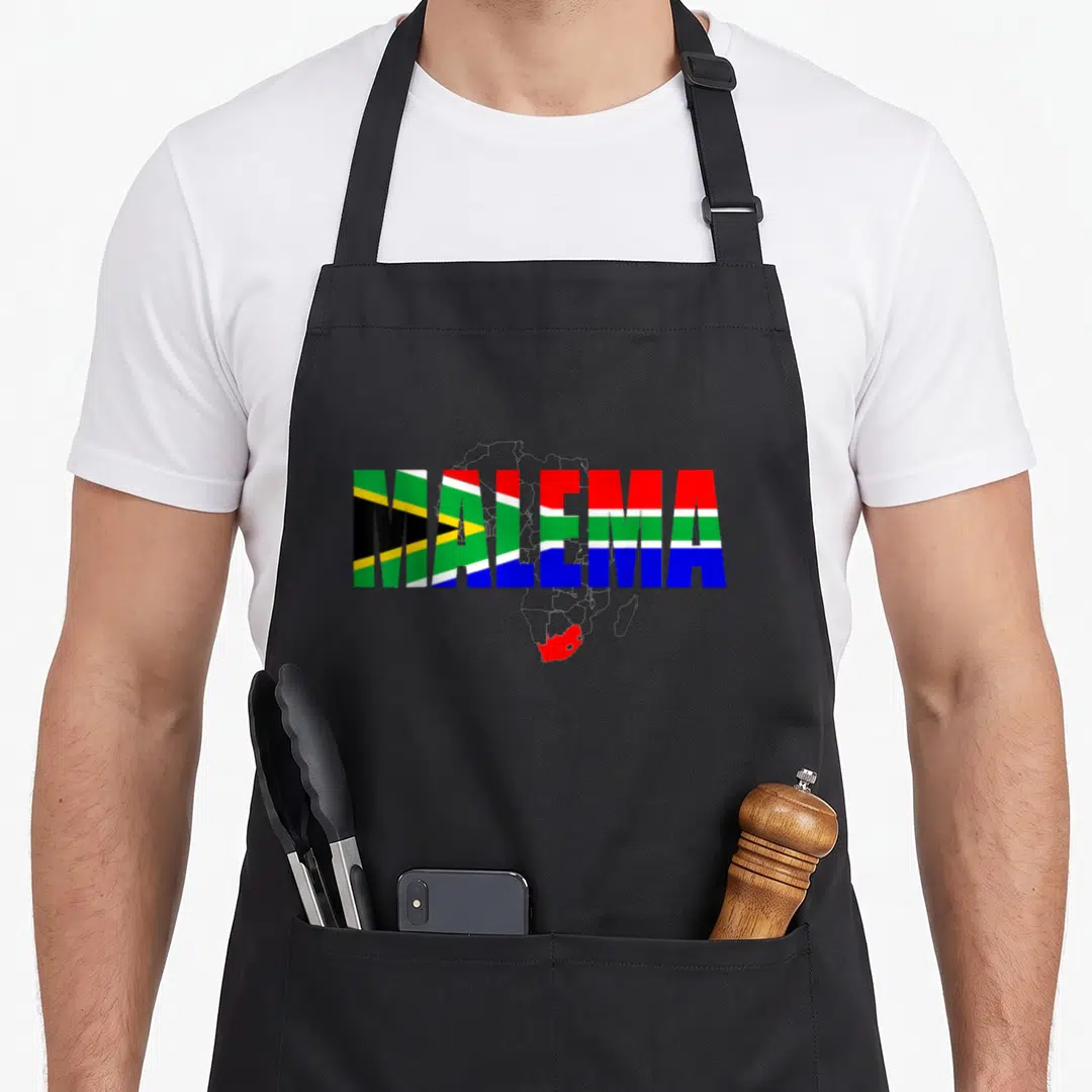 Malema south africa apron - MALE MA text in green yellow black red blue white stripes over grey Africa map outline — shown on a black cotton canvas apron against a white background