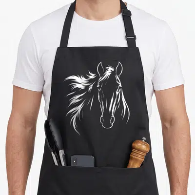 Elegant horse apron - White line-art horse head with flowing mane on grey background — shown on a black cotton canvas apron against a white background