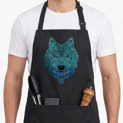 Wolf animal apron - Blue and black line art illustration of a wolf head filled with intricate geometric patterns — shown on a black cotton canvas apron against a white background