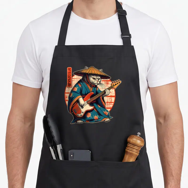 Bass cat apron - Cartoon cat in blue kimono playing red bass guitar under conical hat with vertical Japanese text box — shown on a black cotton canvas apron against a white background