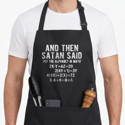 Satan math apron - White text reading AND THEN SATAN SAID above four algebra equations stacked vertically — shown on a black cotton canvas apron against a white background