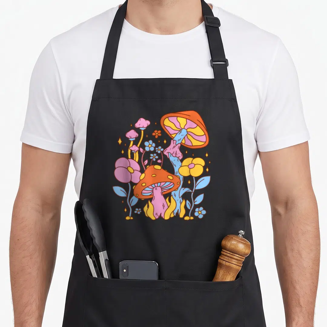 Hippy cottage apron - Cartoon cluster of orange pink blue and yellow mushrooms and flowers — shown on a black cotton canvas apron against a white background