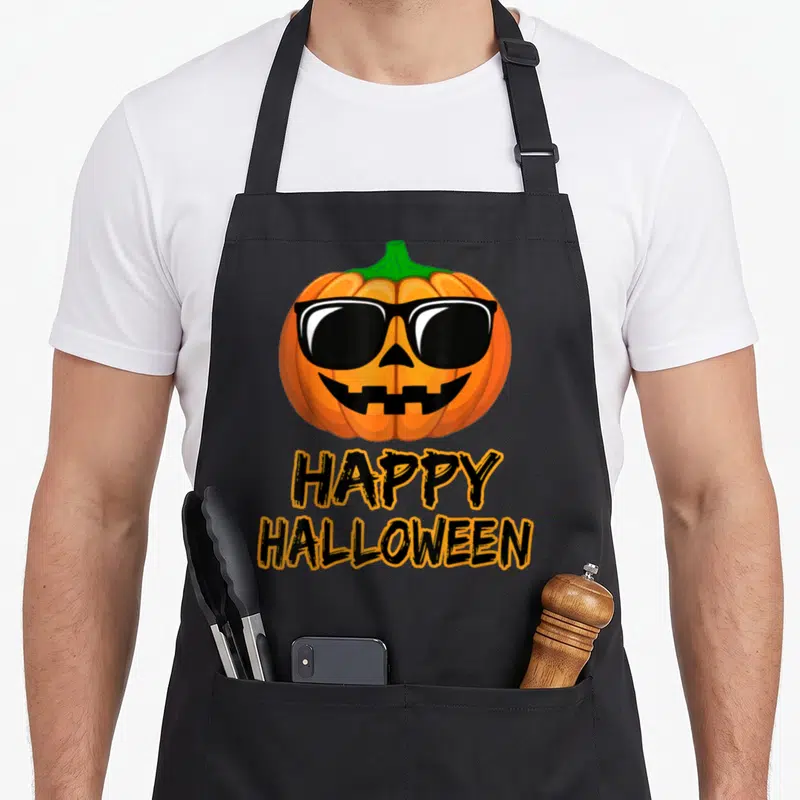Costume pumpkin halloween kitchen aprons - Orange pumpkin wearing black sunglasses above happy halloween text in jagged — shown on a black cotton canvas apron against a white background
