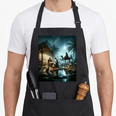 Nativity thrill christmas apron - Realistic nativity scene with figures, camel, sheep, hut, and star over water in blue — shown on a black cotton canvas apron against a white background