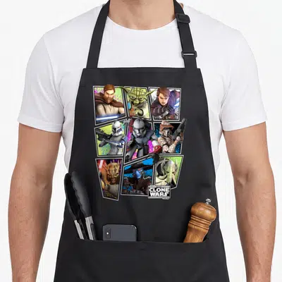 Retro square apron - Collage of Star Wars Clone Wars characters in tilted frames with logo — shown on a black cotton canvas apron against a white background