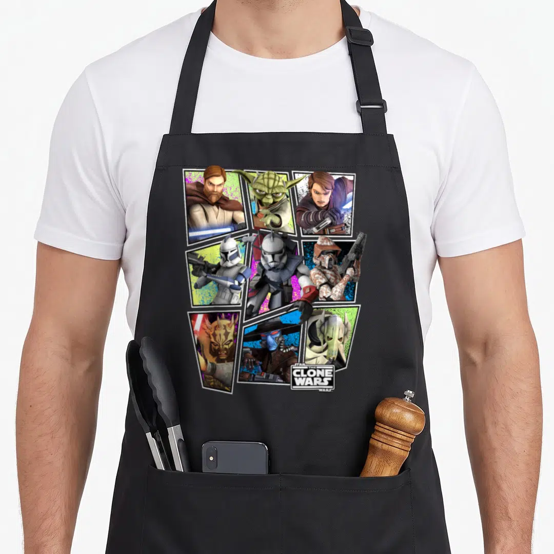Retro square apron - Collage of Star Wars Clone Wars characters in tilted frames with logo — shown on a black cotton canvas apron against a white background
